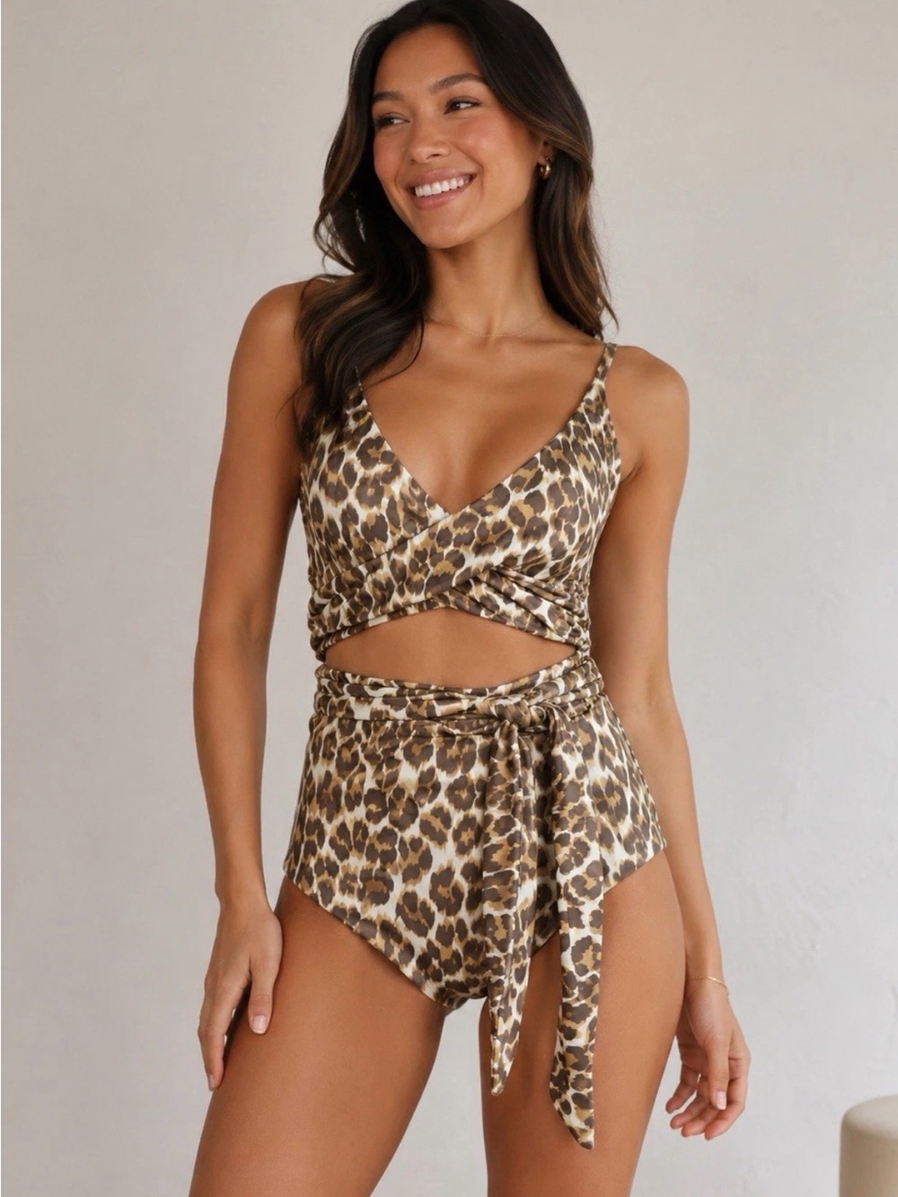 Aerie Leopard Print Wrap One Piece Swimsuit Women Medium Long Full Coverage NEW